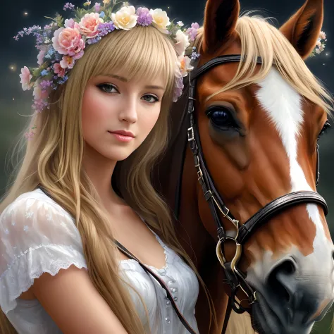 Blonde woman with a horse in a field with flowers in her hair,  Digital Oil Painting, beautiful digital art, beautiful gorgeous digital art, gorgeous digital painting, beautiful digital painting, beautiful fantasy art portrait, gorgeous digital art, elegan...