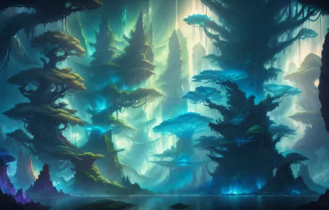 A mystical and epic landscape, featuring a fantastical and surreal world of floating islands, giant trees, and mythical creature...