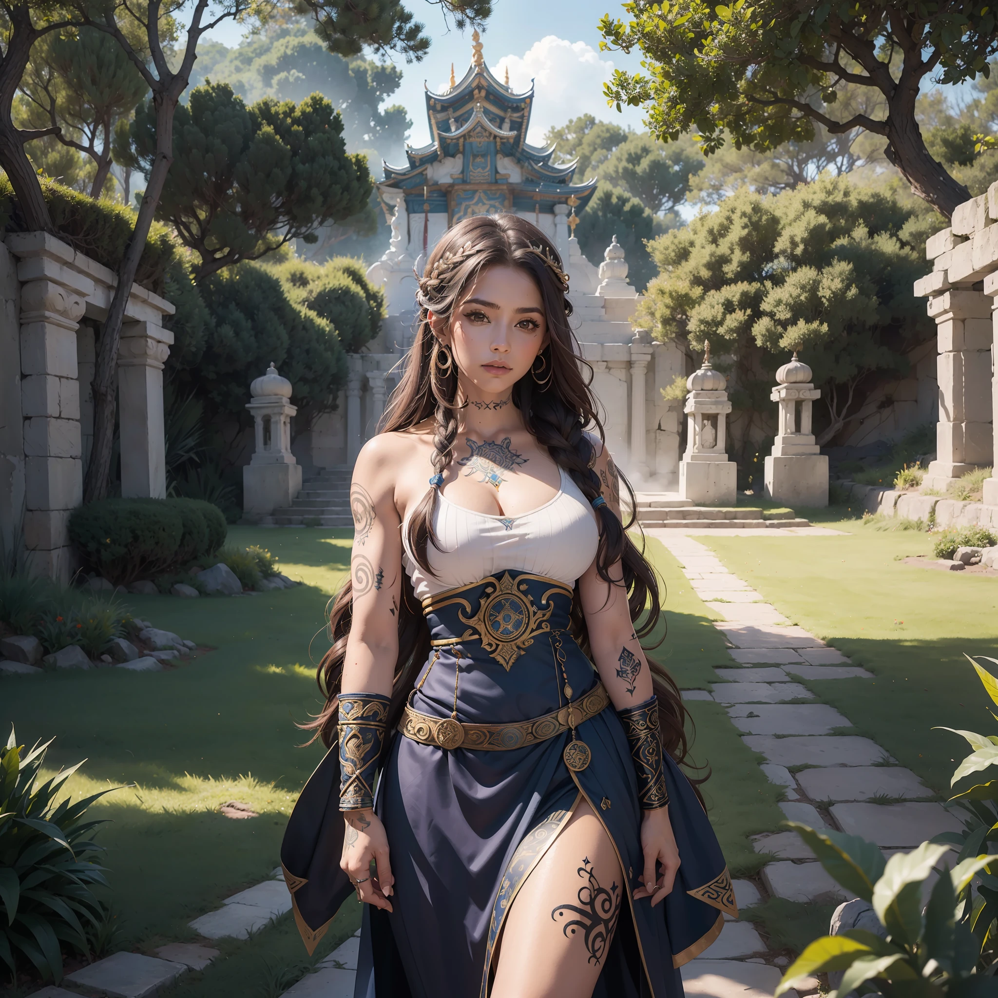 (masterpiece) (The best quality) A legendary beautiful Viking warrior carries an impressive ax and a large round shield. She is in an open-air temple in a clearing....., Windy day. She is very beautiful, something muscular, wearing runic tattoos all over his body. (((only one Women))) ((big breasts))