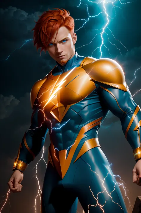 super-hero, man, 25-year old, (short red hair, blue eyes), (blue costume with yellow lightning bolts on chest), (lightning bolts...
