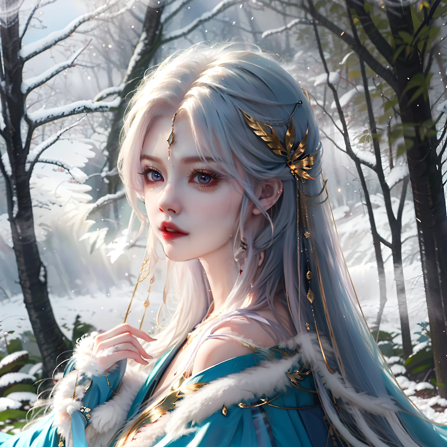 Long white hair,red eye,angel with blue wing,blue long dress,winter forest,cute anime girl,winter cape, mist around her