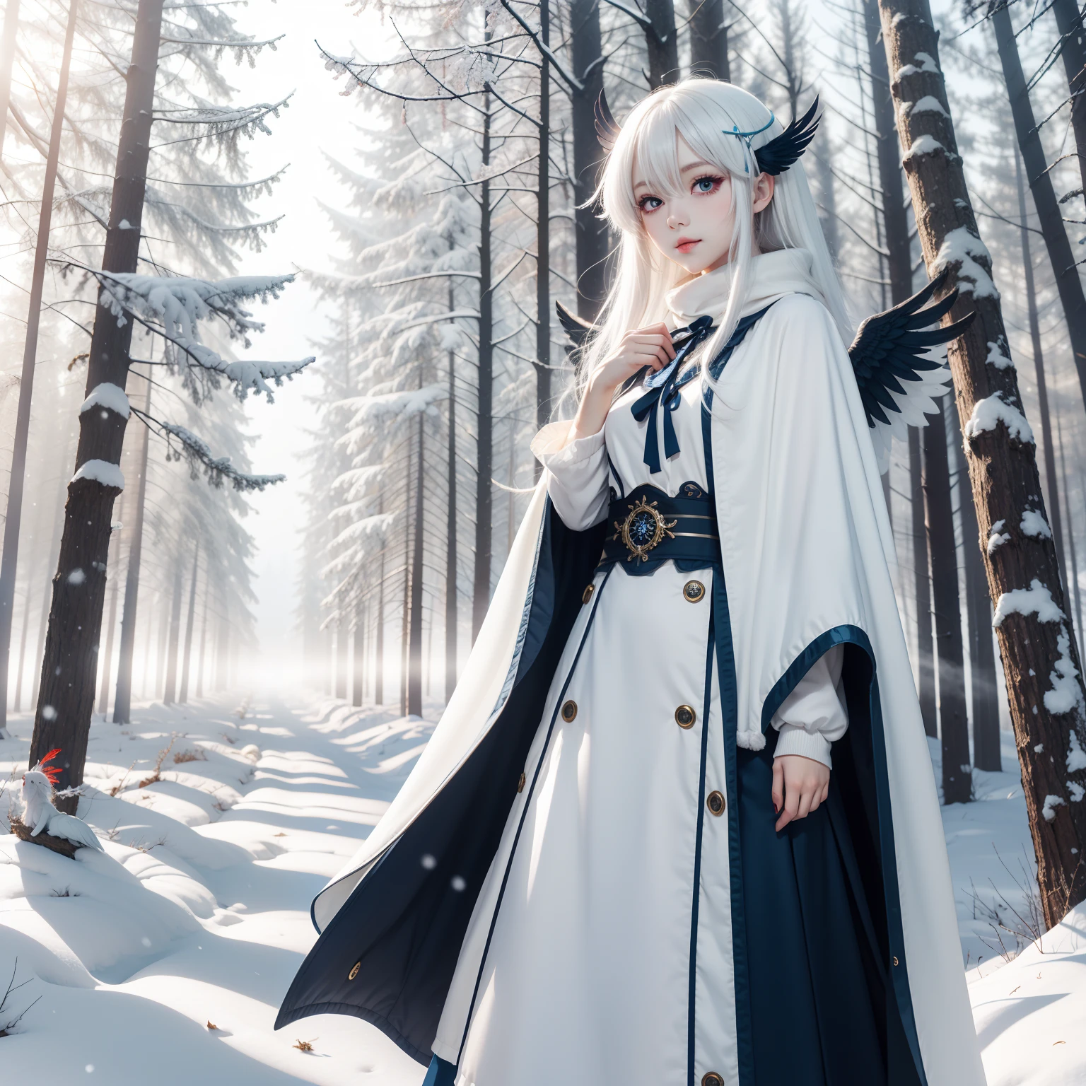 Long white hair,red eye,angel with blue wing,blue long dress,winter forest,cute anime girl,winter cape, mist around her