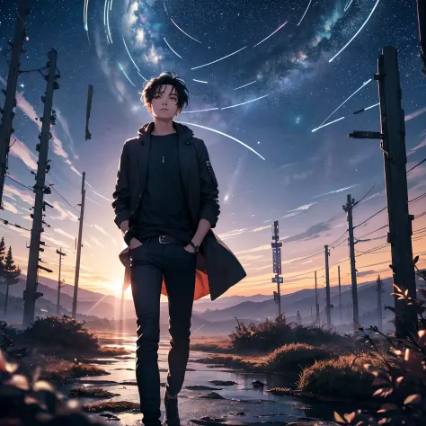 ((Best Quality, 8K, Masterpiece: 1.3)), landscape, morning shoot, star trail, slow speed, standing young man with black hair, black jeans, look at the stars, amazing scenery, hundreds of stars forming a circle, light waves.