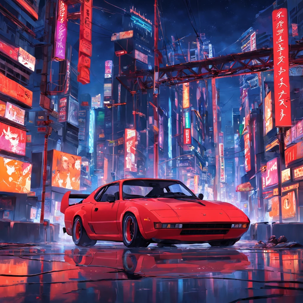 obra-prima, melhor qualidade, filme ainda, um carro virado, cor vermelho neon, andando pela estrada