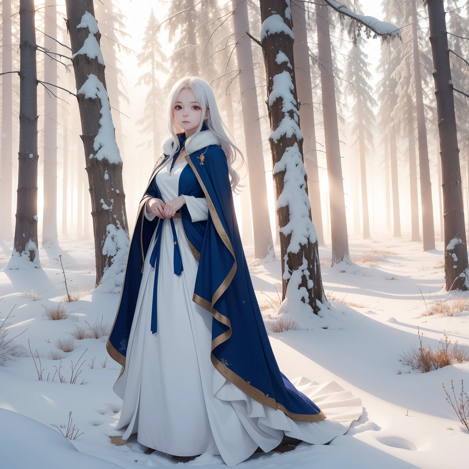 "An angelic anime girl with long, flowing white hair, captivating red eyes, and elegant blue wings. She is dressed in a beautiful blue gown, standing in a serene winter forest. She wears a winter cape, and there is a gentle mist surrounding her."