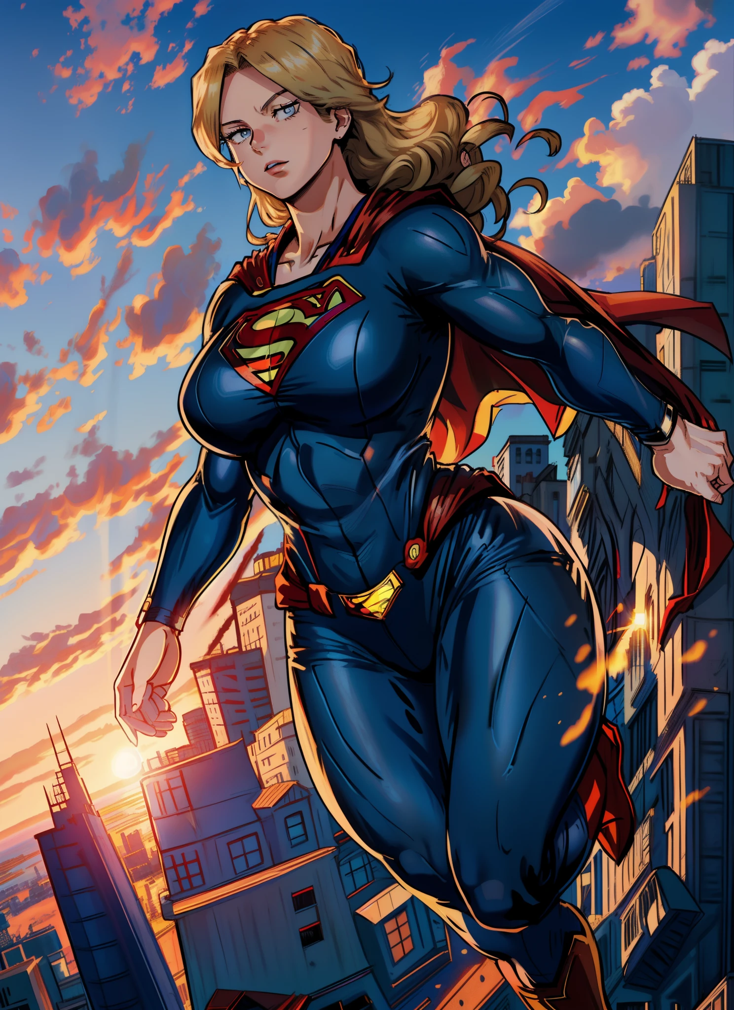 supergirl, mature, mother, adult, big breasts, superman logo on chest, full body suit, muscular, looking away from camera, skies, clouds, sunrise, windy, ((long red cape)), blonde hair, straight hairstyle, blue eyes, ((thicc)), (big body), ((my hero academia style)), ((high definition)), (gorgeous)