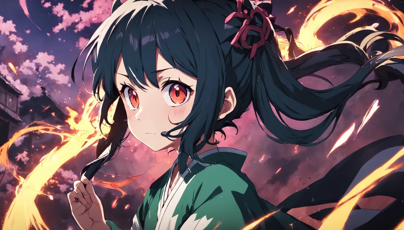 Anime girl with long black hair and red eyes in front of a fire - SeaArt AI