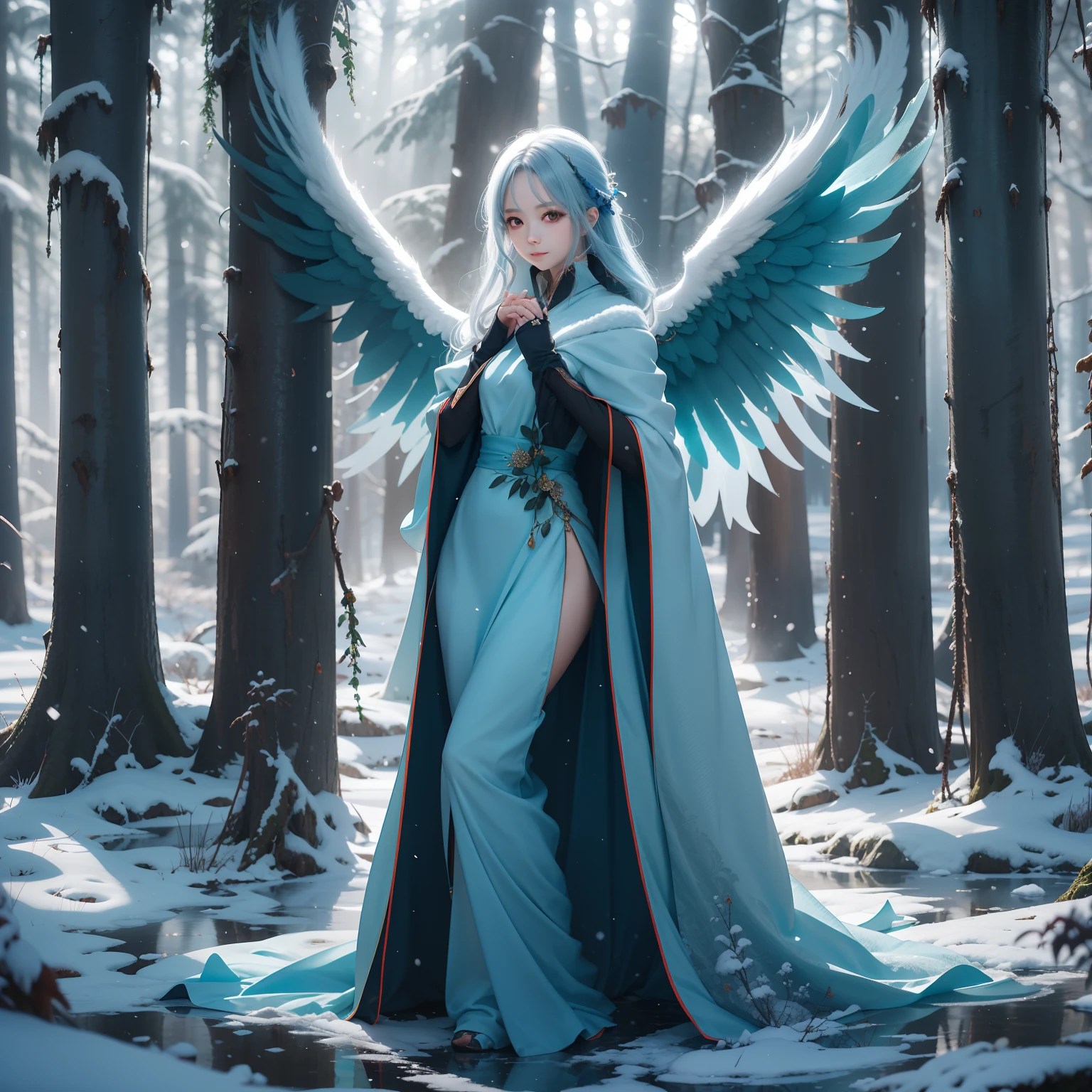 "An angelic anime girl with long, flowing white hair, captivating red eyes, and elegant blue wings. She is dressed in a beautiful blue gown, standing in a serene winter forest. She wears a winter cape, and there is a gentle mist surrounding her."