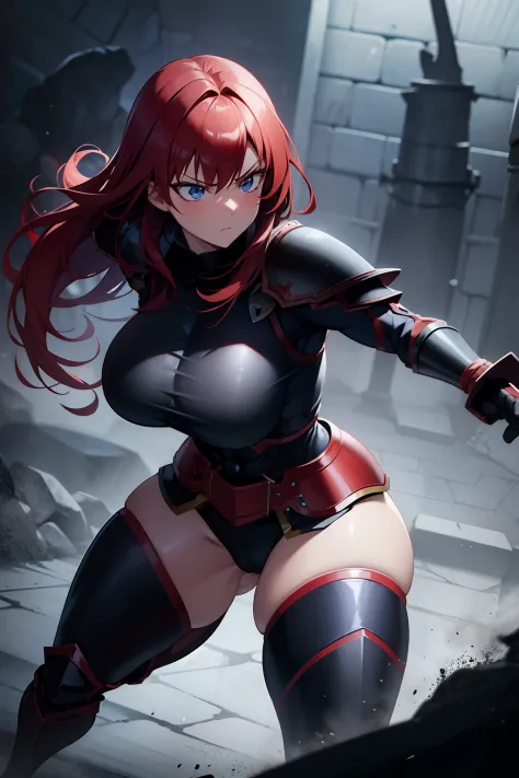 red hair, anime girl, blue eyes, knight, black armor, carrying sword, strong, muscular, thick thighs, big butt, big breasts, fighting stance, inside a dungeon, serious look, dark environment, spooky, anime style, high definition, RTX, unreal engine