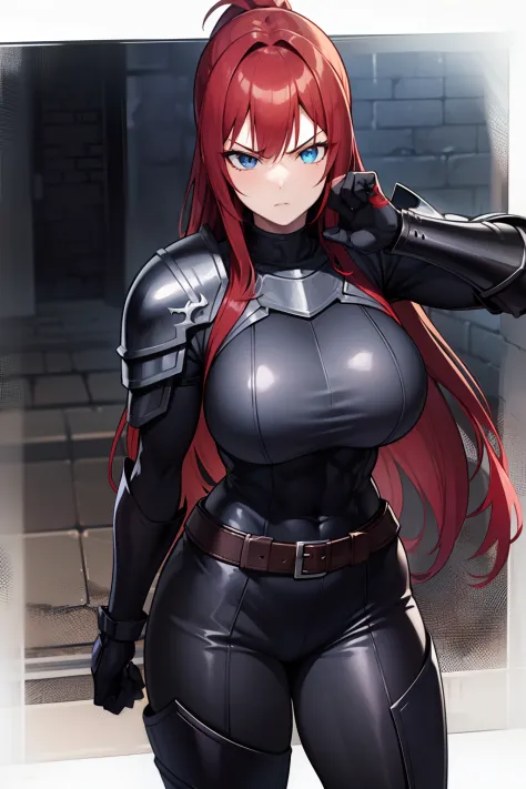 red hair, anime girl, blue eyes, knight, black armor, carrying sword, strong, muscular, thick thighs, big butt, big breasts, fighting stance, inside a dungeon, serious look, dark environment, spooky, anime style, high definition, RTX, unreal engine