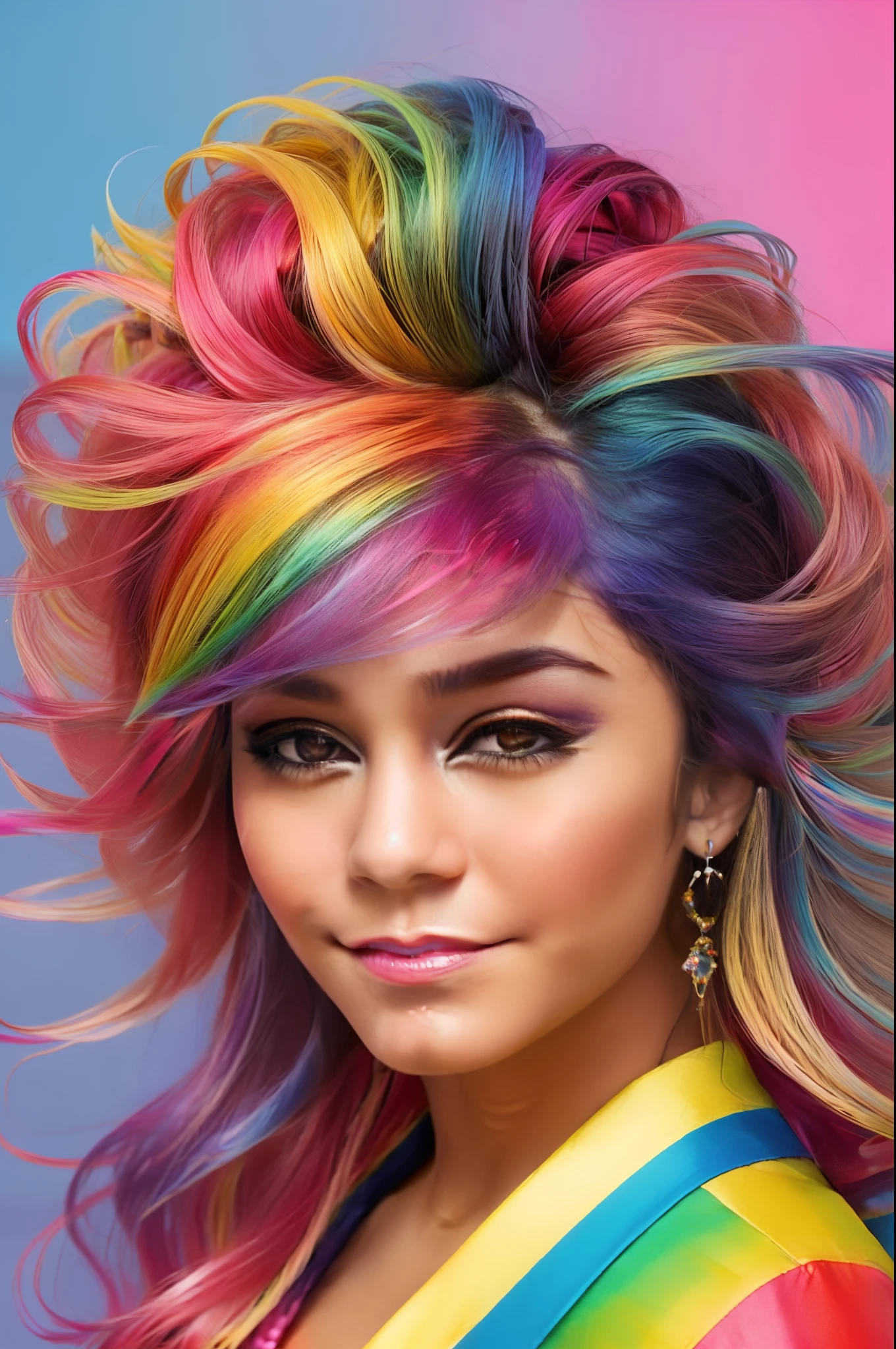 A close up of a woman with colorful hair and a rainbow colored wig - SeaArt  AI