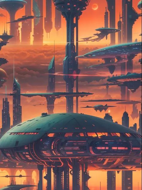 Future City at sunset Roger Dean Style