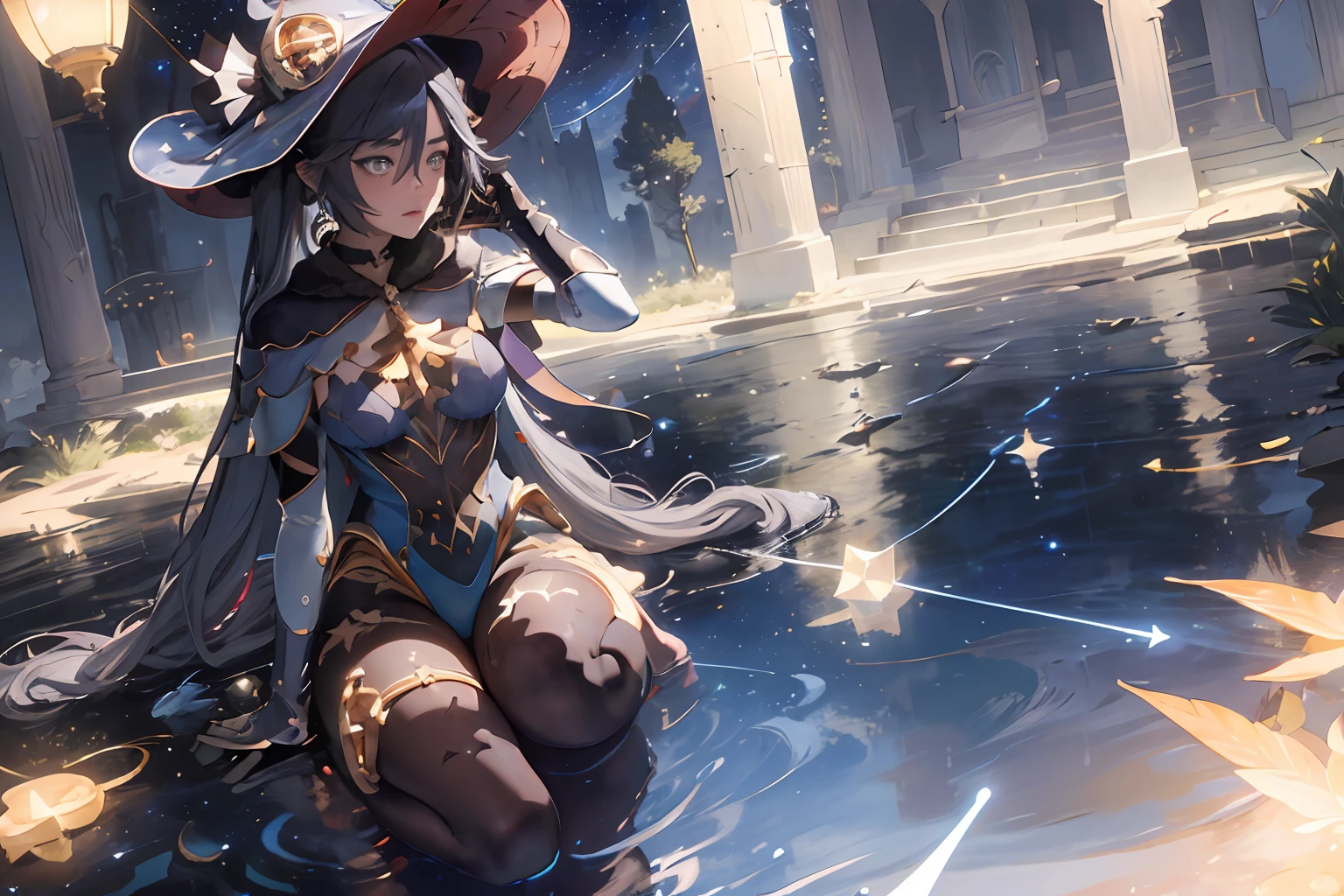 1 girl solo, long dark hair, blue bodysuit, blue witch hat, map of the sky and stars and constellations on background, hourglass, models of the planets, gold and brass details, dark room with light garlands, cinematic light, cinematic shot, glowing details, (Masterpiece:1.2), best quality, (night sky, short grey hair:1.2),(illustration:1.2), beautiful scenery, scared,(Masterfully crafted Glow, lens flare), (ultra-detailed), hyper details, (delicate detailed), (intricate details), (cinematic light, best quality Backlights), clear line, new world, viewer, solo female, perfect body, (1female), (Bright bioluminescent hair hair, bright glowing eyes), (Dynamic:1.3), ((makeup)), high contrast, (best illumination, an extremely delicate and beautiful), ((cinematic moonlight)), colourful, ((Photoshop Pastel Painting:1.1)), ethereal, (Cinematic masterpiece),suspense, splashes of colour, absolutely eye-catching, ((caustic)), dynamic angle ,beautiful (detailed glow), (eerie),(Intricate Detailed Cinematic Scenery Behind:1.2),ambient occlusion, (ambient moonlight), ray-traced reflections, intricately detailed visible background