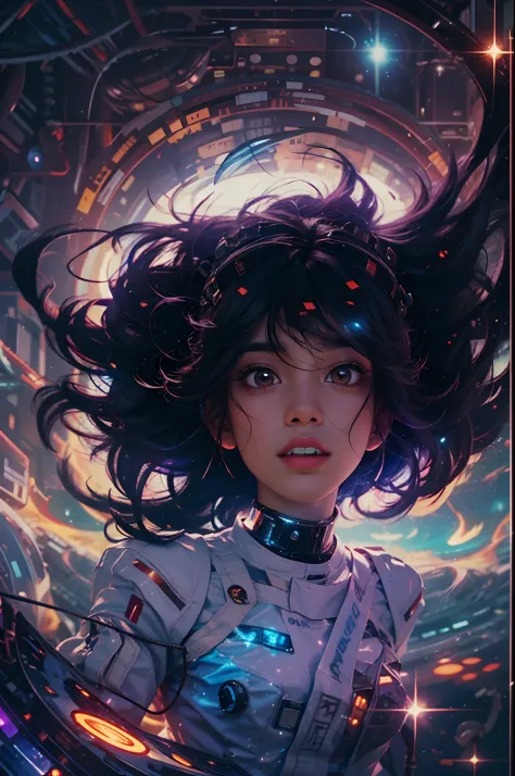 portrait of a black-haired young woman in zero gravity, the backdrop of the milky way and a supermassive black hole as background