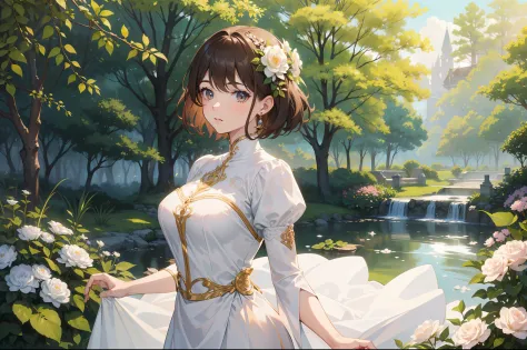 Official Art, Masterpiece European female, elvish, short hair, pale brown hair , brown eyes, (​masterpiece、top-quality、hight resolution: 1.4),in 8K, Drawing of a woman with short pale brown hair, Anime Art Nouveau, highly detailed exquisite fanart, anime f...
