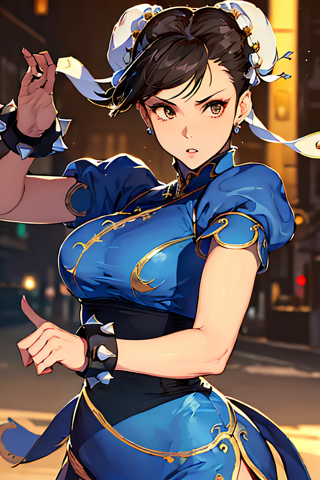 ((obra maestra,la mejor calidad)),1 chica,solo,Chun Li,Parte superior del cuerpo,Fondo hermoso de la calle de noche