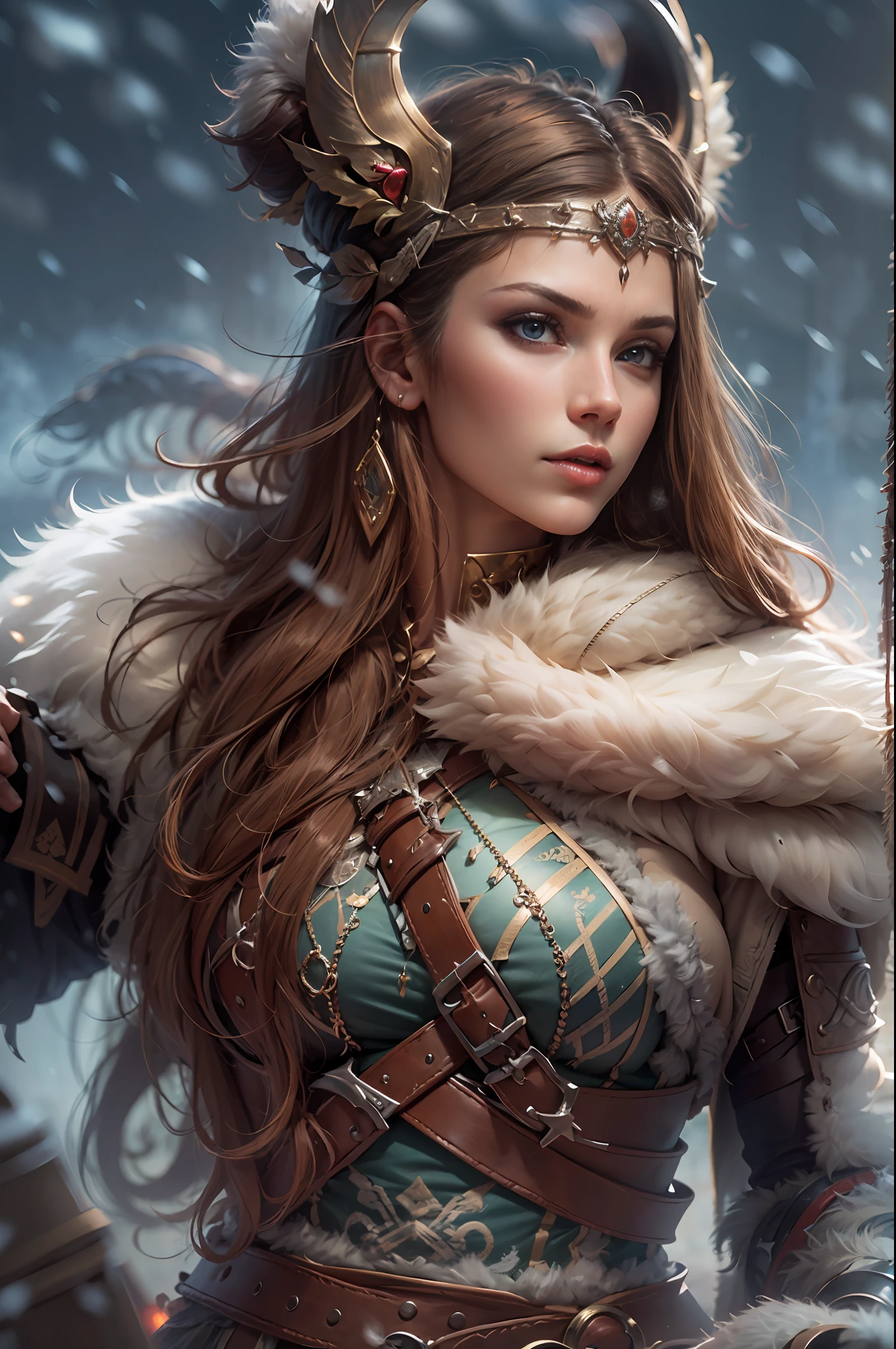 A woman in a viking outfit with a sword and a fur coat - SeaArt AI