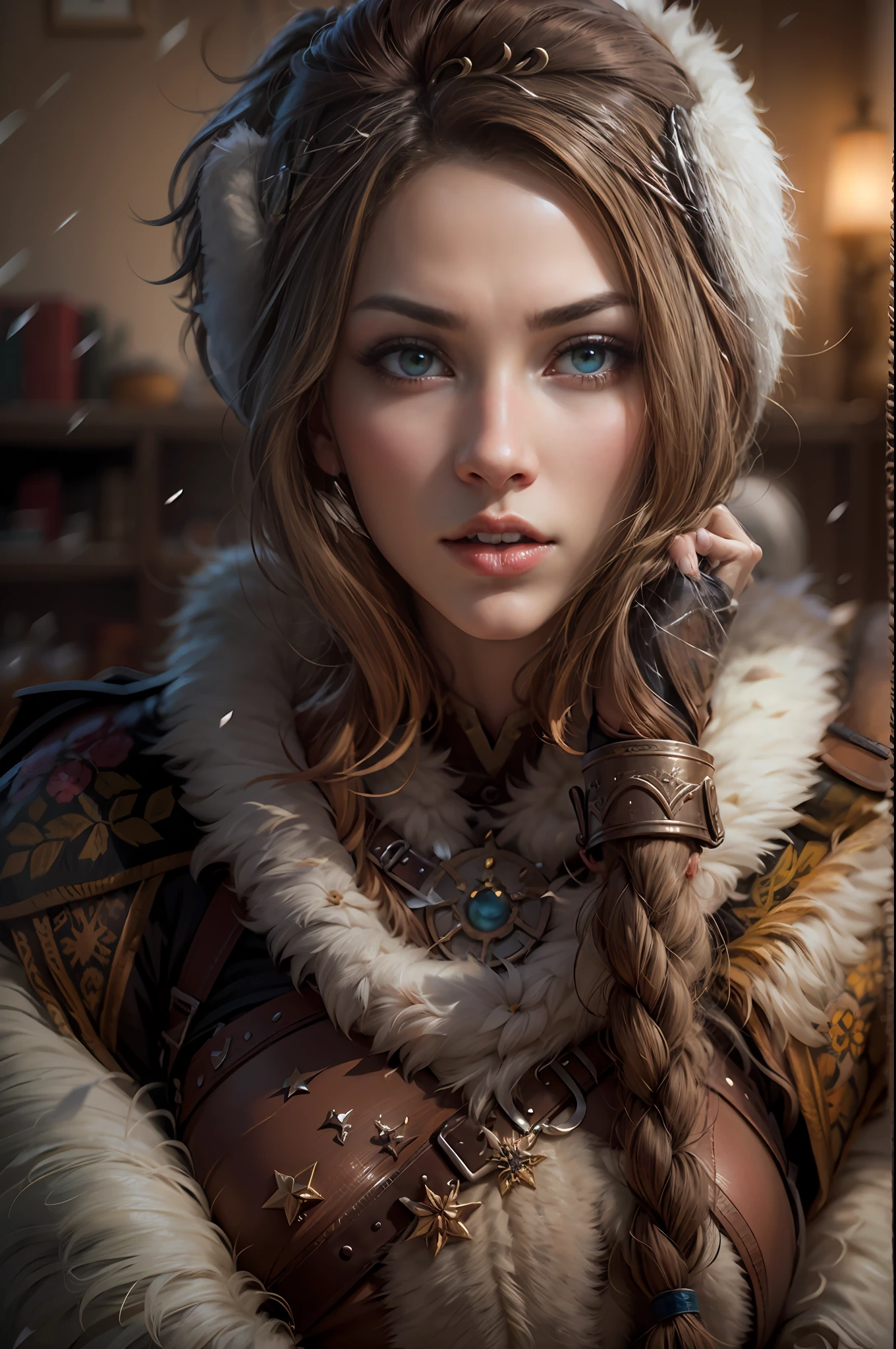 (Masterpiece, ultra detailed: 2), (best quality: 2), (beautiful woman: 2), (beautiful face: 2), viking warrior woman, winter outfit, brown hair, no hat, very sexy