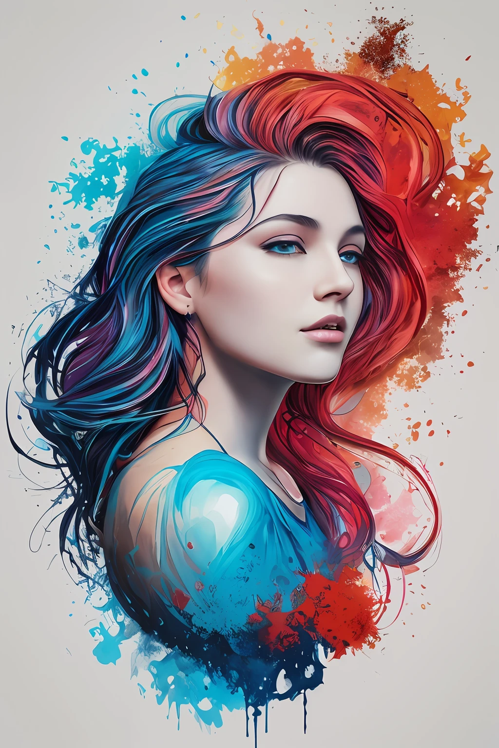 ready-to-print vector t-shirt art graffiti illustration of a young woman colored：2 woman, blue messy hair, oil painted, perfect face, perfect face, intricate image, shades of blue，light red color added, 8K resolution，A ArtStation digital painting, it is smooth and very flowing black ink：photorealistic masterpiece：intricately detailed fluid gouache painting：Written by Brunna Mancuso：calligraphy：propylene：watercolor art，Professional photographed，natural lighting，Minimalistic volumetric lighting photo illustration ：Written by Marton Bobzert： intricate，Ellegance，Sprawling，magical dream，Hair on fire，full of life, 3d illustration, Adobe illustration, artwork centered, scratch paint design, planet splash, white background