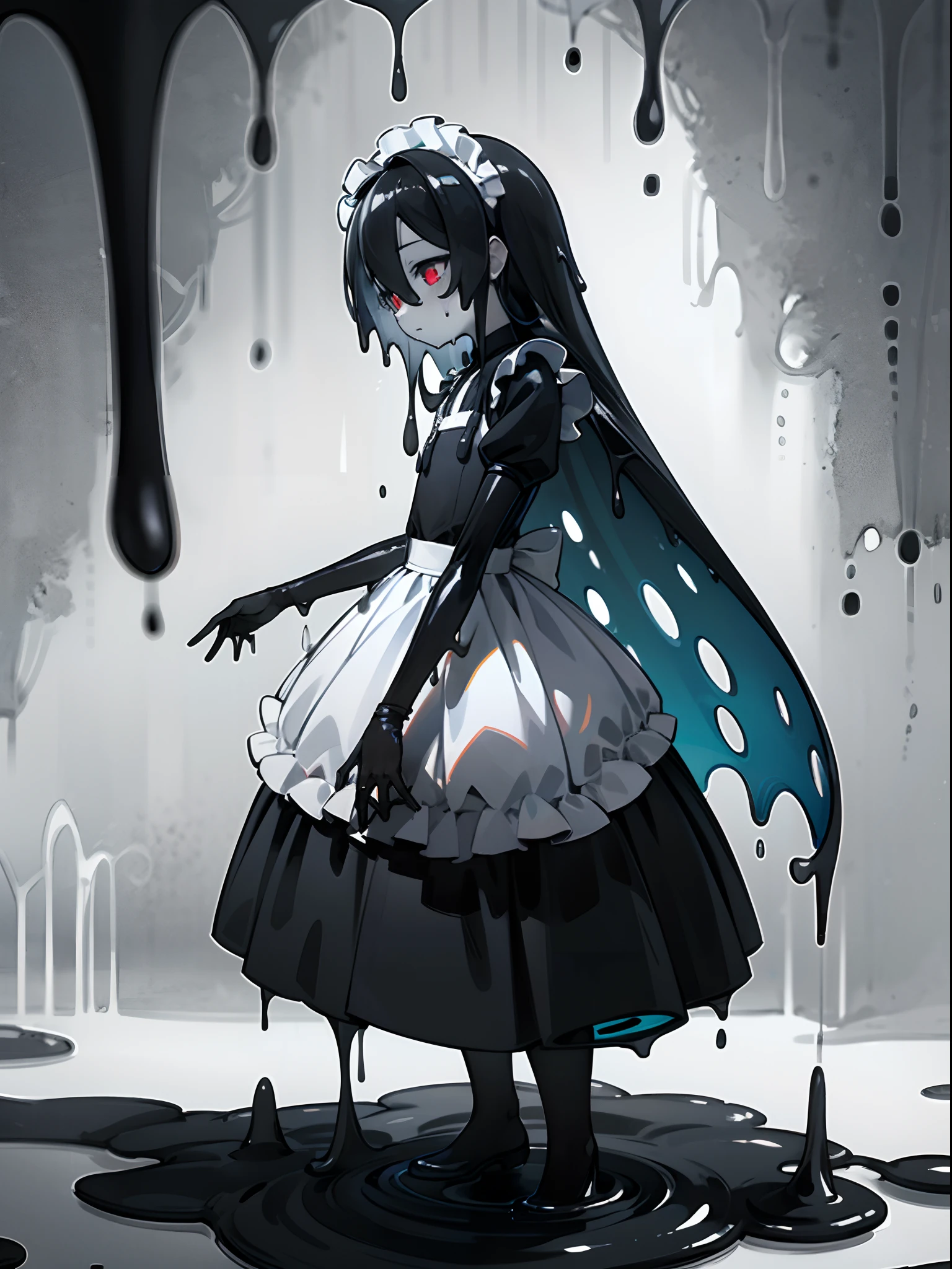 full body view, best quality, detailed drawn hands, realistic fingers), (masterpiece, sidelighting, finely detailed beautiful eyes: 1.2), ((Best quality)), ((masterpiece)), (highly detailed:1.3), anime, slime is dripping from girl's body, background is visible through girl's transparent upper body, translucent goo, transparent slime, standing, (white face color, covered in white goo), black stains on body, dripping black goo, covered in black|white goo, young girl,  slime girl, messy, half black and half white slime, , head covered in black goo, extremely long hair, red eyes, hair between eyes, merged with goo, melting body, dripping with slime, maid costume, half black body color, liquid body, white skin color, liquid hair, slime covered hair, black hair, blue highlights, melting into puddle, masterpiece, clean image, high res, HD, high quality, side view,