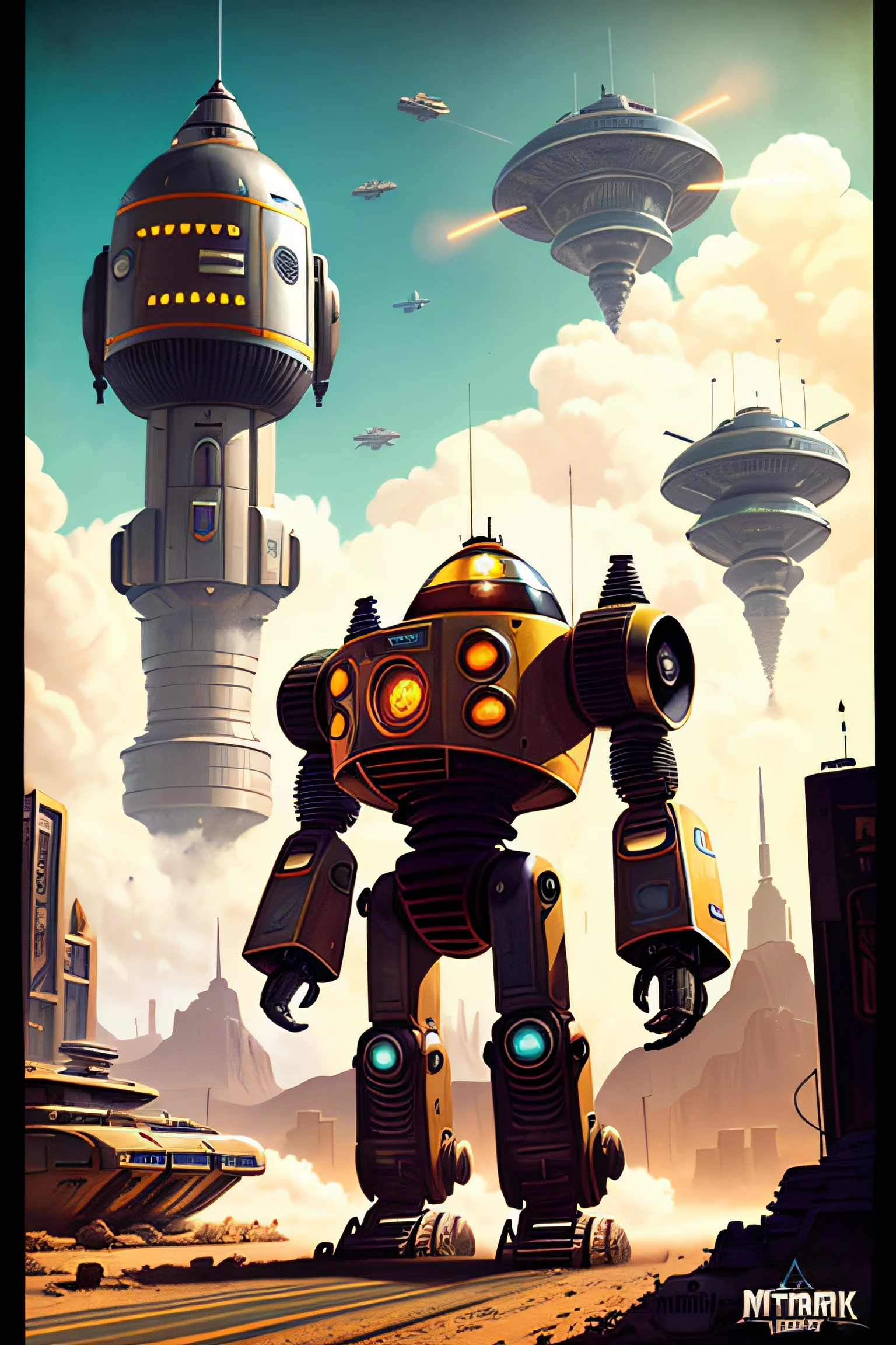 timeless style, analogue style, (mtompunk: 1.4), Masterpiece artwork, best qualityer, 8K, pixiv, artstation, wall-paper, offcial art, ultra-realistc, high détails, sharp focus, conceptual artwork, RAW photo portrait poster art of a beautiful atompunk city landscape, Sci-fi, robotical, space ship, futurist, Atompunk Building, tower, carriages, machine, (classic illustration style: 1.2), (pulp illustration), wide wide shot, Raw photographic portrait of a robot, droid, android, ((robot)), B9, robot