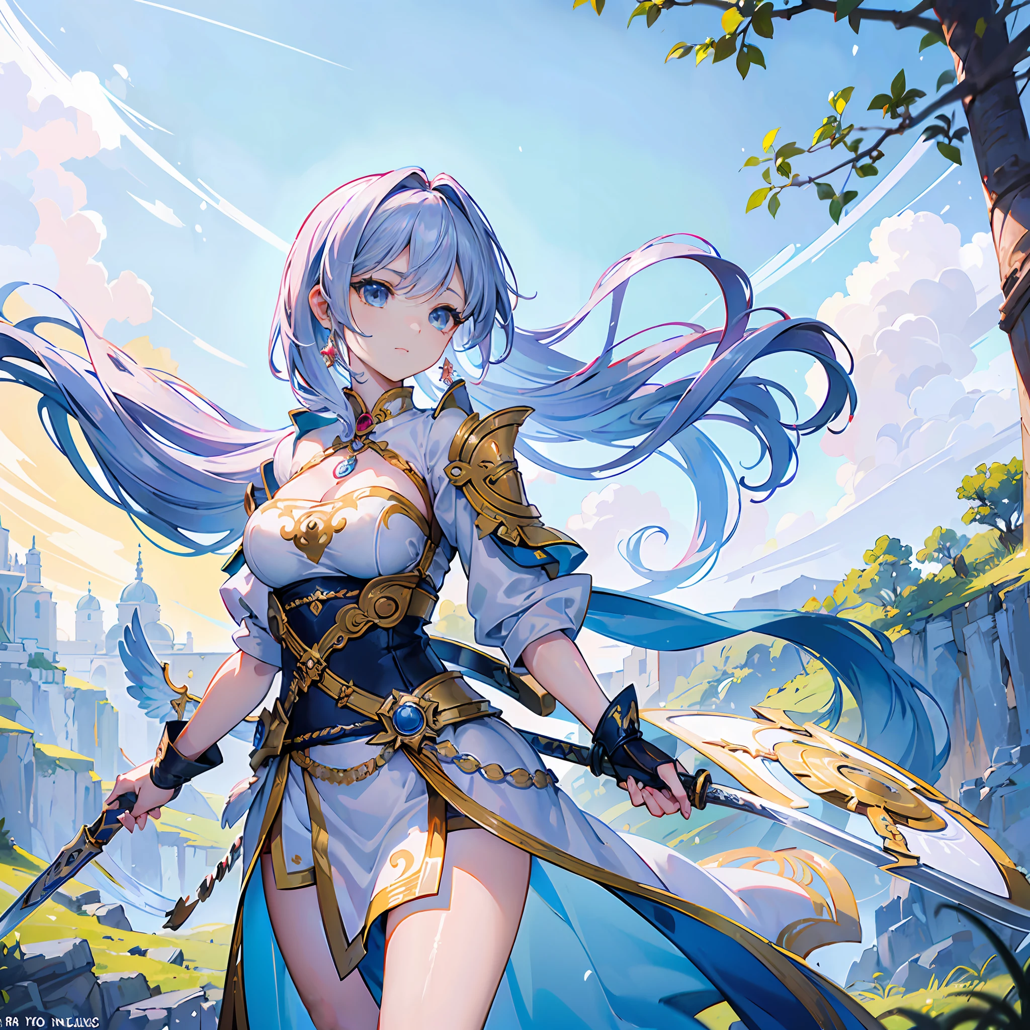 (masterpiece) (The best quality) A legendary and beautiful warrior angel carries an impressive curved sword and a small round shield. She is in an open-air temple in a clearing., Windy day. She is very beautiful, She is somewhat thin, Colorful necklaces. Alas (((only one Women))) ((big breasts))