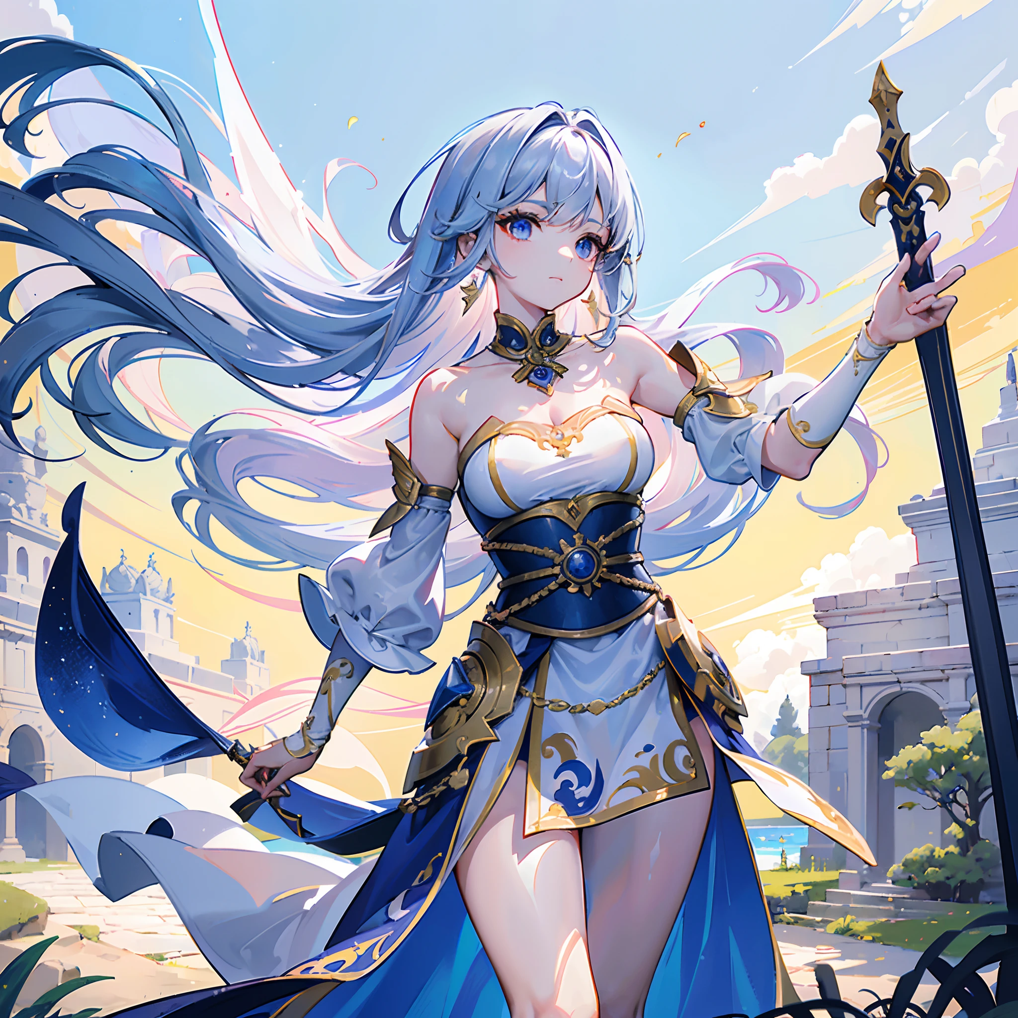 (masterpiece) (The best quality) A legendary and beautiful warrior angel carries an impressive curved sword and a small round shield. She is in an open-air temple in a clearing., Windy day. She is very beautiful, She is somewhat thin, Colorful necklaces. Alas (((only one Women))) ((big breasts))