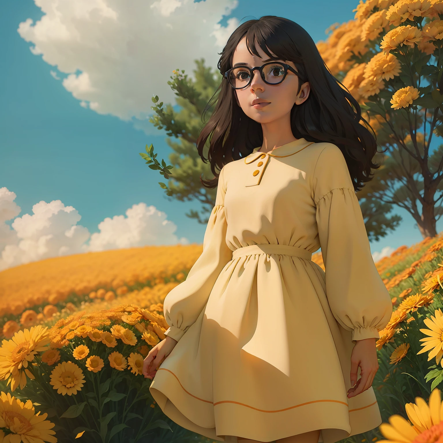 "Fille avec des lunettes rondes regardant au loin dans un champ ensoleillé de fleurs de souci, portant une élégante robe verte bordée de blanc et de jaune."