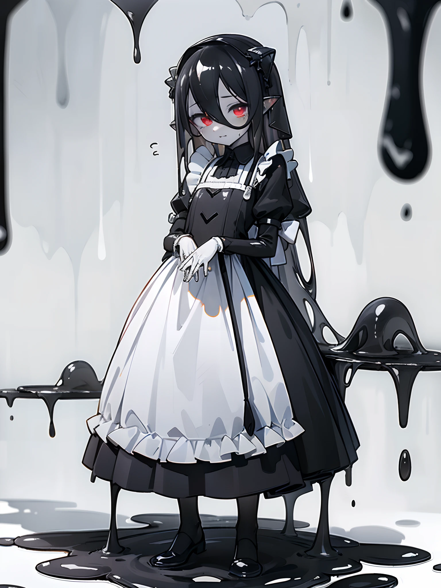 full body view, best quality, detailed drawn hands, realistic fingers), (masterpiece, sidelighting, finely detailed beautiful eyes: 1.2), ((Best quality)), ((masterpiece)), (highly detailed:1.3), anime, slime is dripping from girl's body, background is visible through girl's transparent upper body, translucent goo, transparent slime, standing, (white face color, covered in white goo), black stains on body, dripping black goo, covered in black|white goo, young girl,  slime girl, messy, (half black and half white slime), , head covered in black goo, extremely long hair, red eyes, hair between eyes, merged with goo, melting, dripping with slime, ((wearing a maid costume)), half black body color, liquid body, white skin color, liquid hair, slime covered hair, black hair, blue highlights, melting into puddle, masterpiece, clean image, high res, HD, high quality,