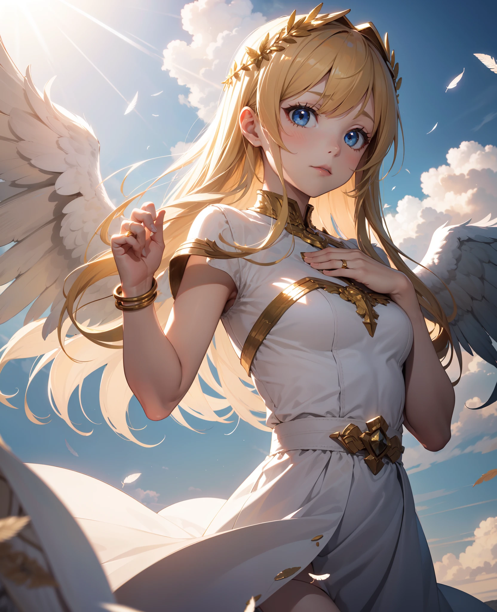 masterpiece, best quality, absurdres, novel illustration, 1girl, young, long hair, blonde hair, cinematic composition, cinematic angle, (dynamic pose:1.2), angel, white dress, praying, (shining golden ring above head:1.1), wings, feathers, holy light, holding hands on chest, cloud, heaven