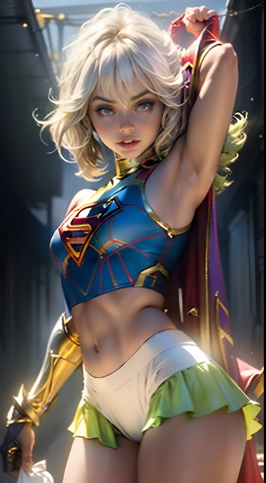 "((Meilleure qualité,meilleur éclairage)), Modèle mignon aux cheveux courts et au corps athlétique, (((portant un cosplay de Supergirl))), seins accentués et mis en valeur, pose dynamique, fond coloré, saturation élevée, lumières vibrantes." ((chameau)) ((jambes ouvertes))