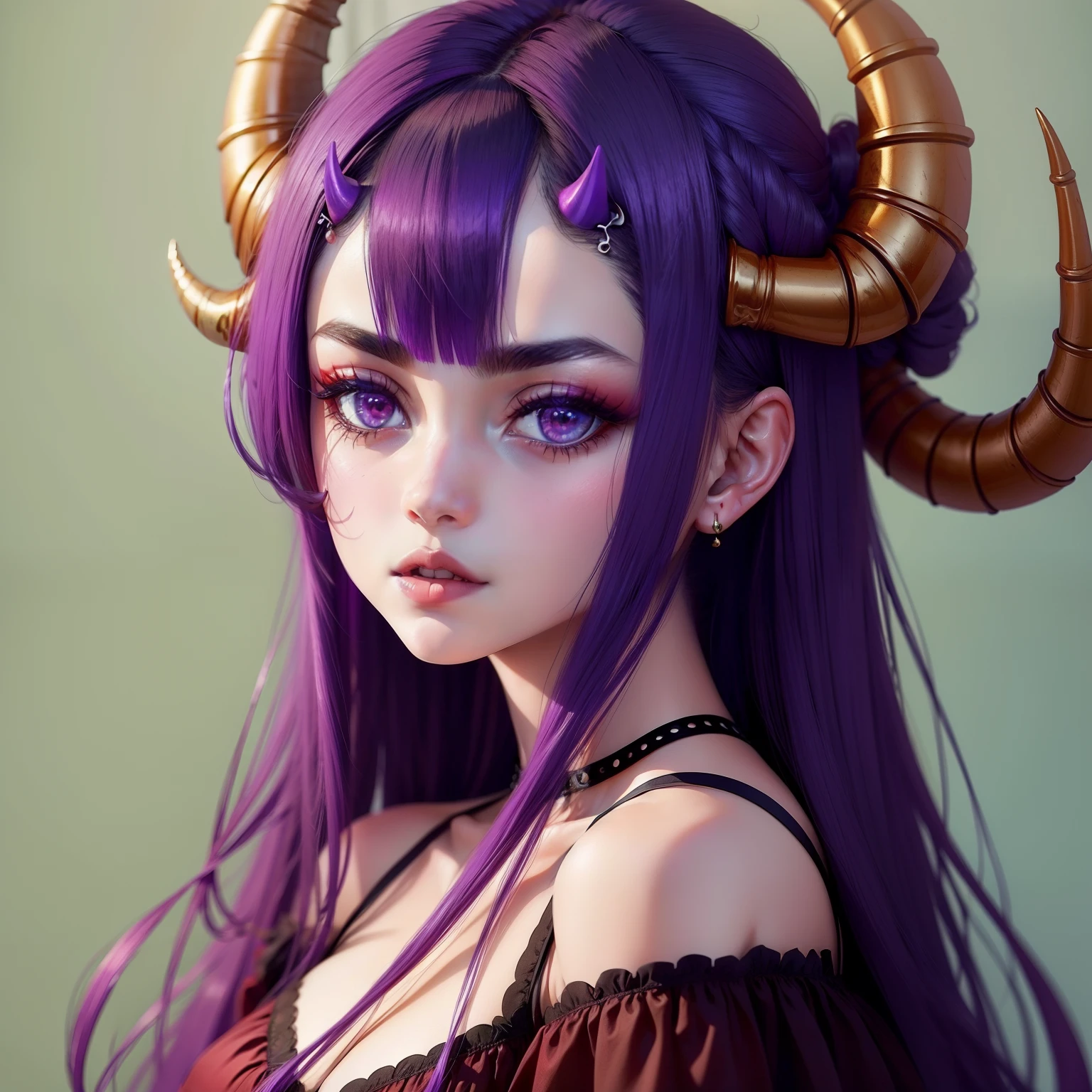 Garota(horns on head), Vestido(Grande e com cores preto e violeta), Cabelo loiro(Curto e enrolado)