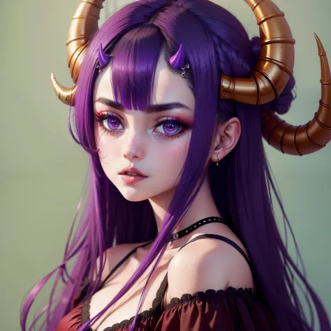 garota(horns on head), vestido(grande e com cores preto e violeta), cabelo loiro(curto e enrolado)