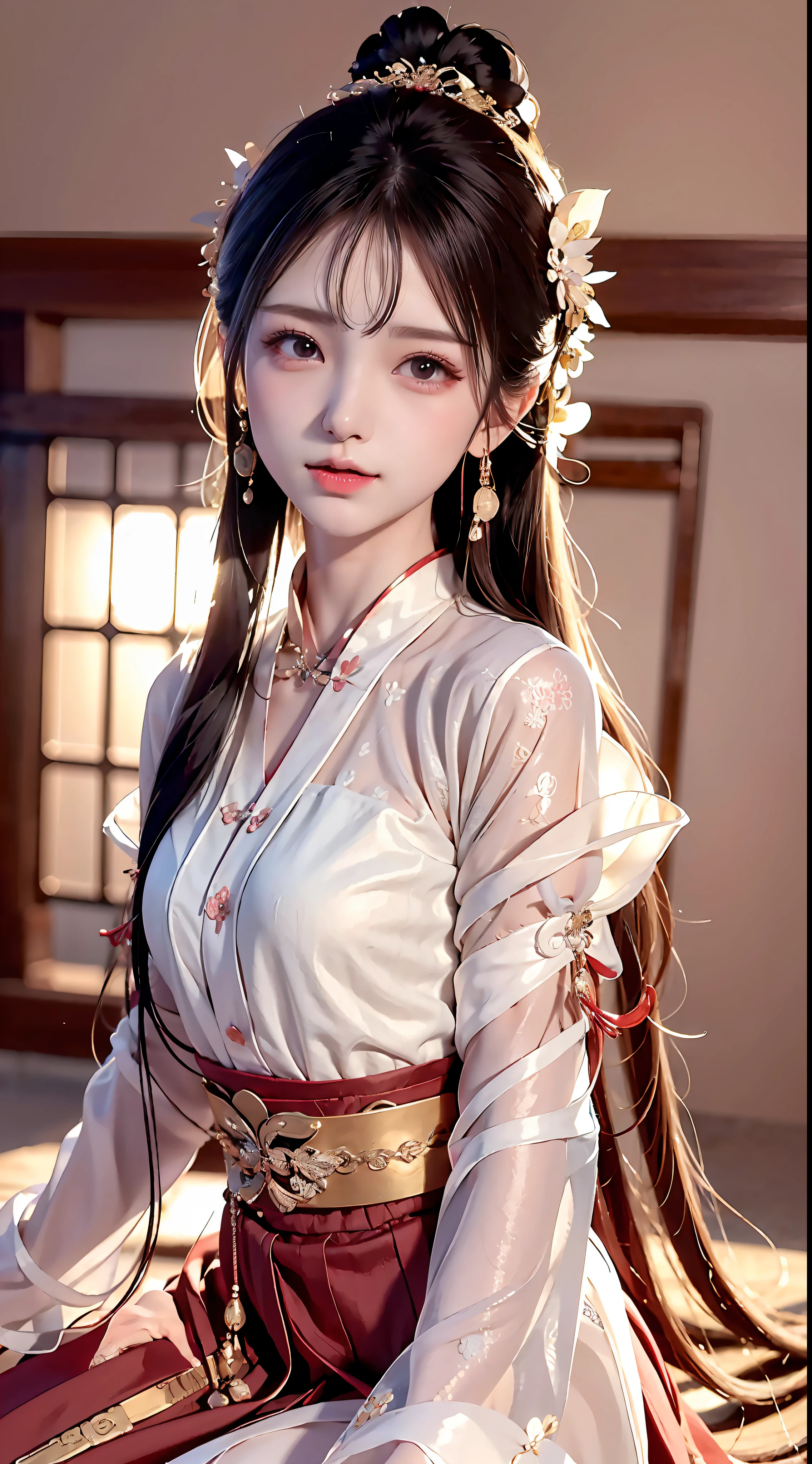 JK Maiden，A girl wearing a Japanese girls' school uniform，8K，Extremely high image quality，Cinematic film texture，photorealestic，Eating Japanese food，Nikkei background，depth of fields，Tatami room，Warm lighting，Bow on chest，Qi bangs，Long hair that falls over the shoulder，(Playful eyes)，二重まぶた，Deepening of the tail of the eyes，Lying silkworm，Wear a bracelet on your wrist，Scarlet lips，The lips are shiny and textured，Fine skin texture，Brown sparkling pupils，((((Keep your eyes on the camera))))，Slender fingers，((face round))，(((Small lips)))，Black halterneck hanfu，Small-headed spells(Prompt): （（hyper HD）），Best image quality，8K resolution，Higher quality，Works of masters，Antique peerless beauty bride，Exquisite facial features，Absolutely beautiful，Crystal red lips，ssmile，Nice big eyes，Delicate long eyelashes，Sweet with lying silkworms，鎖骨，Black color hair（（Loose Chinese antique hairstyle，Floral hair ornaments，Wearing a white sheer silk shirt with large sleeves，Glossy，Multi-layer yarn，There is beautiful embroidery，））Skin that is white and red，Extreme picture quality（（（（Get close to the viewer，Court-style mosquito nets，Festival room，sit on a bed