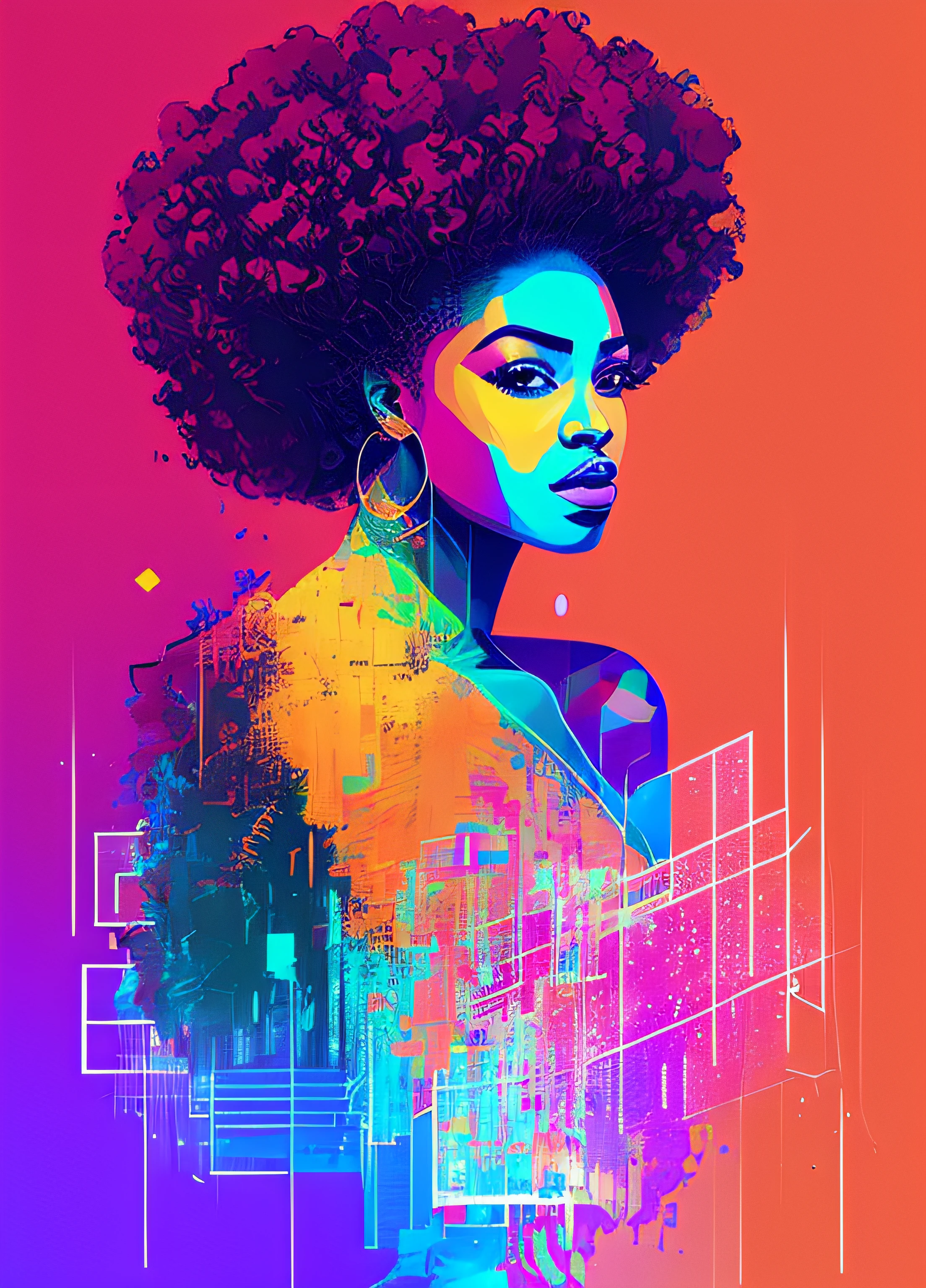 a painting of an afro woman on a geometric background with square and rectangles, Graffiti por Carne Griffiths, Behance, grafity, chromatic, Artwork, cores vibrantes