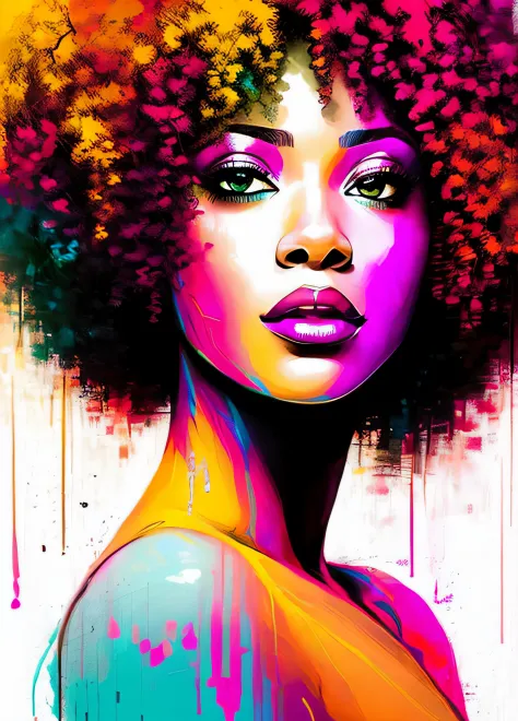 uma pintura do rosto de uma mulher afro em um fundo branco, Graffiti por Carne Griffiths, Behance, grafity, chromatic, Artwork, ...