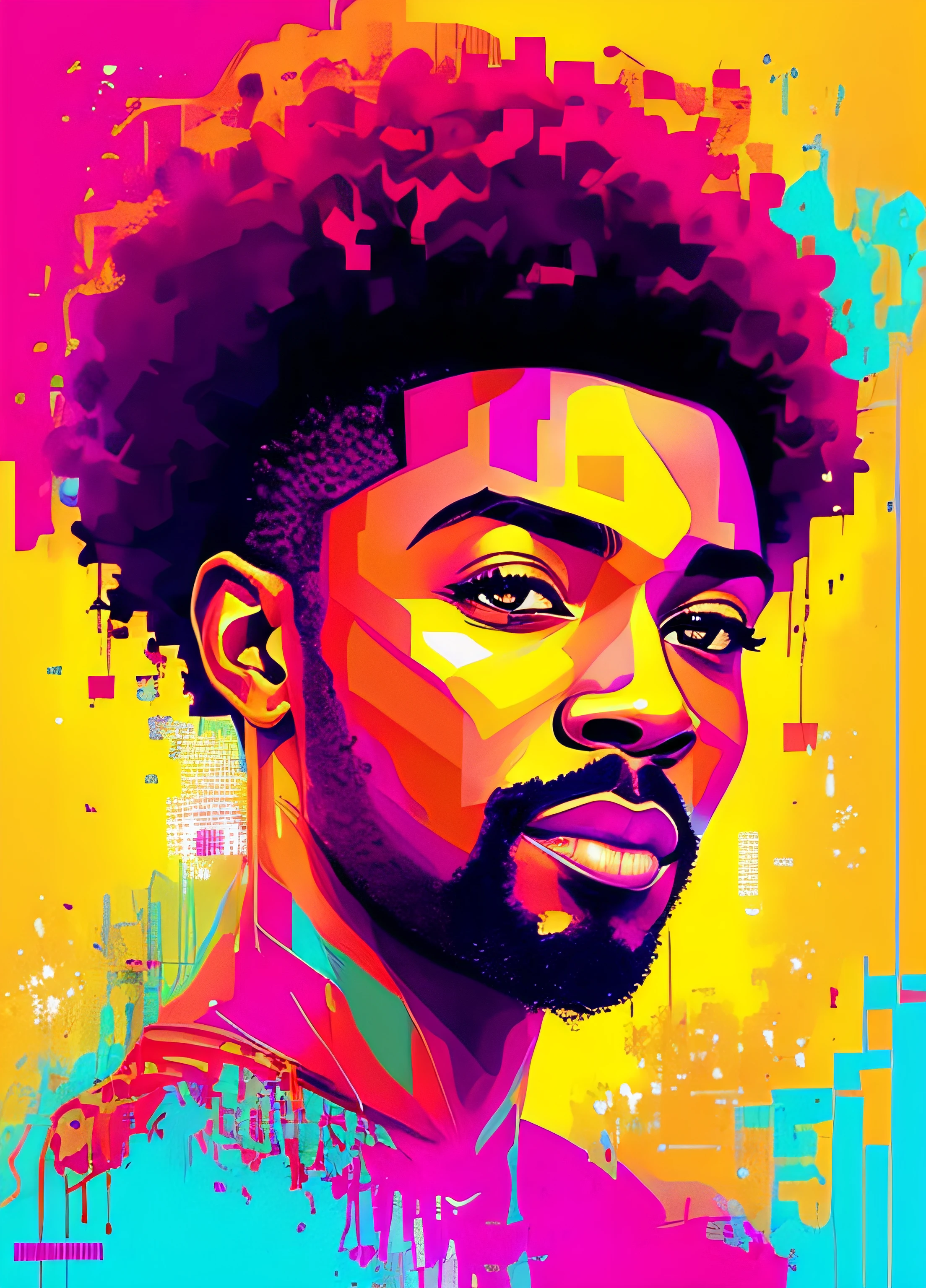 Ein Gemälde eines afroamerikanischen Mannes, kurze Haare auf einem geometrischen Hintergrund mit Quadraten und Rechtecken, Graffiti von Carne Griffiths, behance, Graffiti, chromatisch, Kunstwerk, leuchtende Farben