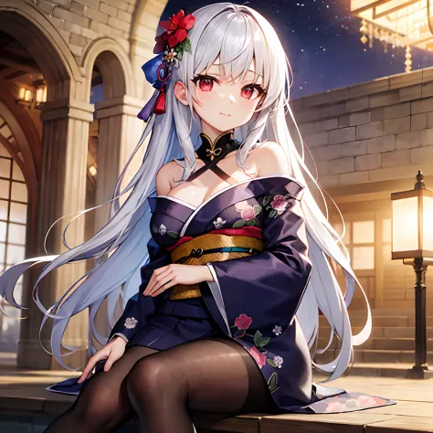 silber hair、red eyes、Beautiful girl alone、Floral kimono、Off-shoulder、Western-style castle