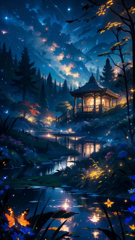 masterpiece, gorgeous, landscape, (((no_humans))), night, flowers, garden, starry sky, constelations, stunning, view, water, warm, cozy, peaceful, meteor, cosmic, magic, magicle, particles, faires, ((fireflies))