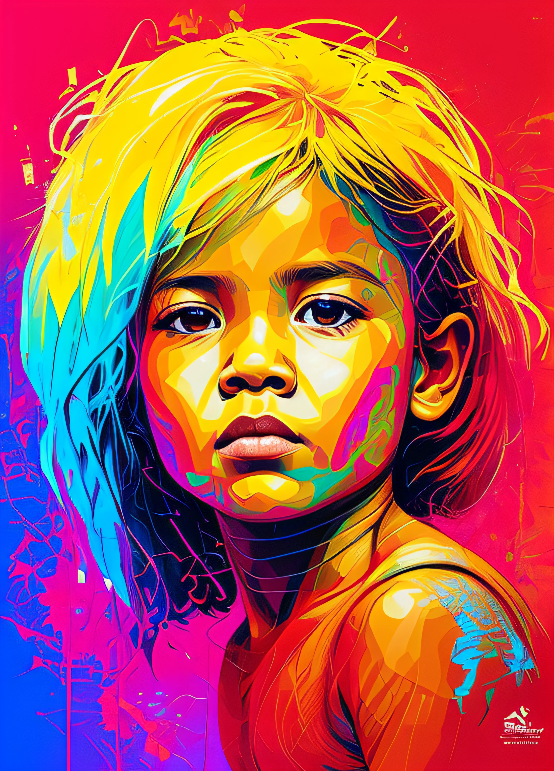 Ein Gemälde einer wunderschönen 8-jährigen brasilianischen Ureinwohnerin , zur Seite schauen, auf einem geometrischen Hintergrund mit Quadraten und Rechtecken, Graffiti von Carne Griffiths, behance, Graffiti, chromatisch, Kunstwerk, leuchtende Farben