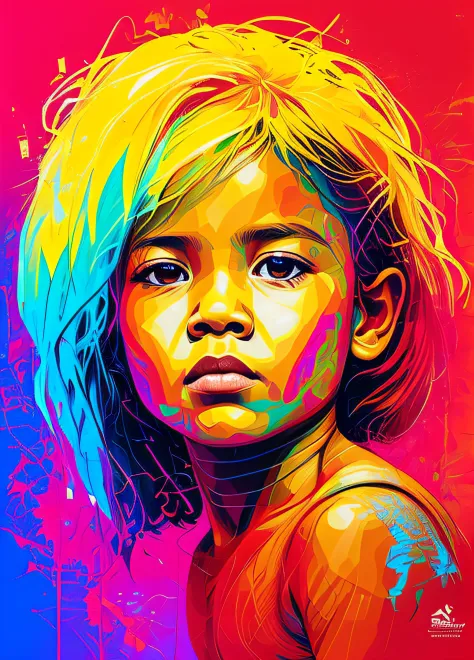 A painting of a beautiful 8-year-old Brazilian indigenous child, olhando para o lado, on a geometric background with squares and...