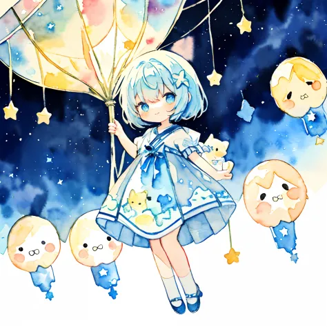 PastelColors:1.5)、(Cute illustration:1.5)、(watercolor paiting:1.2)、Light blue background、girl with、full body Esbian、A smile、Stra...