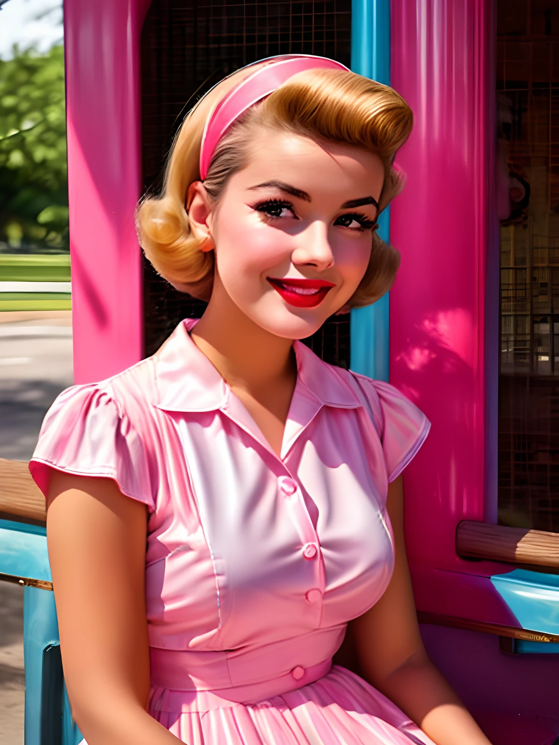Alafed woman in pink and blue dress sitting on bench, 5 0 s style, 50s style, retro 5 0 s style, retro pinup model, 1 9 5 0 s style, sixties pinup, Vintage color photo, cute young woman, Vintage Color 1 9 5 0 S, girl pinup, 1950s vibes