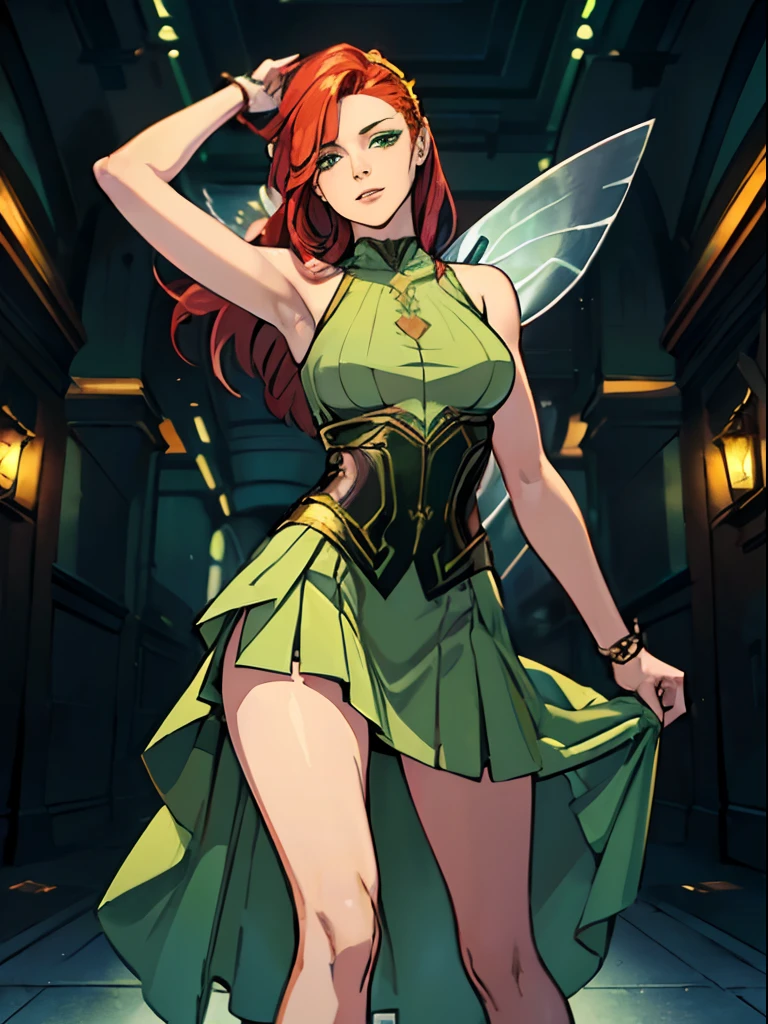 ((Best Quality)), ((Masterpiece)), ((Realistic)) 19 year old, redhead girl, shoulder length hair, relaxed happy face ((slender)) (busty), ((( light green fairy dress ))) (((tight skirt))) ((sexy )) cyberpunk attire, textured pixie haircut , 6 and a half heads full bodyt. beatiful face, handsome body.