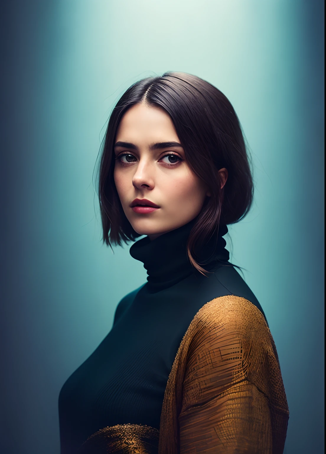 Un superbe portrait en couleur complexe de (femme:1), porter un col roulé noir, composition de personnages épique, par Ilya Kuvshinov, alessio albi, nina masic, netteté, éclairage naturel, diffusion souterraine, f2, 35mm, grain de film,