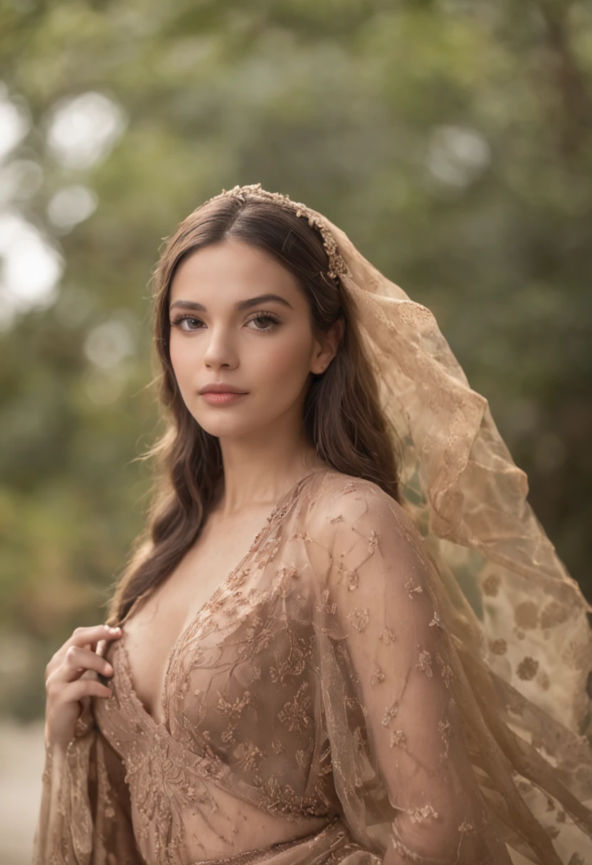 A woman in a brown dress and veil posing for a photo - SeaArt AI