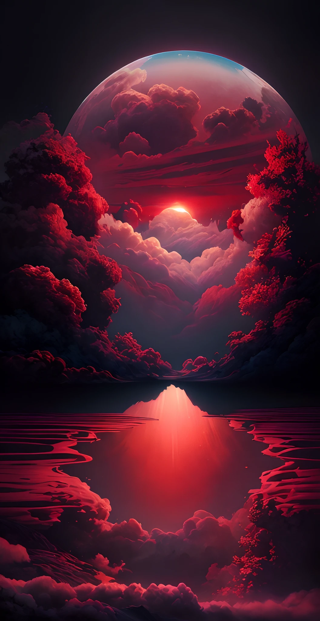"Obra-prima surrealista. Qualidade excepcional. Detalhes surpreendentes. Surreal CG rendering of a dark red skull rising above a tranquil lake surrounded by red clouds, auto iluminado |, Large area of clouds and fog in luminous tones, celestial lighting, cosmic enlightenment, Experience the fusion of abstract and realistic elements. Cores vibrantes e contrastantes. Atmosfera misteriosa. Surrealist technique in the representation of objects and figures. Organic textures and shapes. Dreamlike inspiration. Amazing composition and perspective. Enter a surreal world full of surprises and emotions."