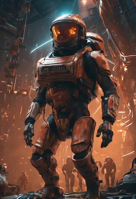 Directed by: Alejandro Burdisio, A low-angle shot of a hyper-realist, poderoso, Armored alien white-red-ochre, his cybernetic helmet glowing in the darkness of space, pernas musculosas, Hands - Claws ready to attack, contato visual, Enfrentou, muitos peque...