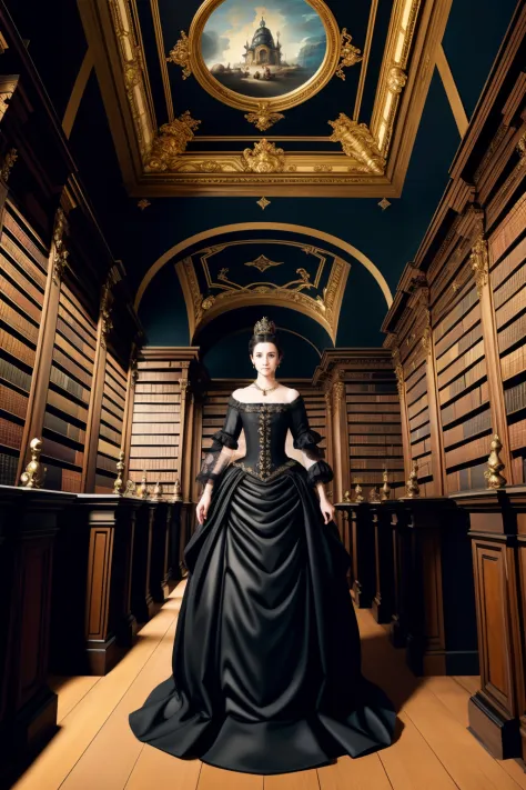 a queen in a black dress in a baroque library with a painted roof, black style, realistic