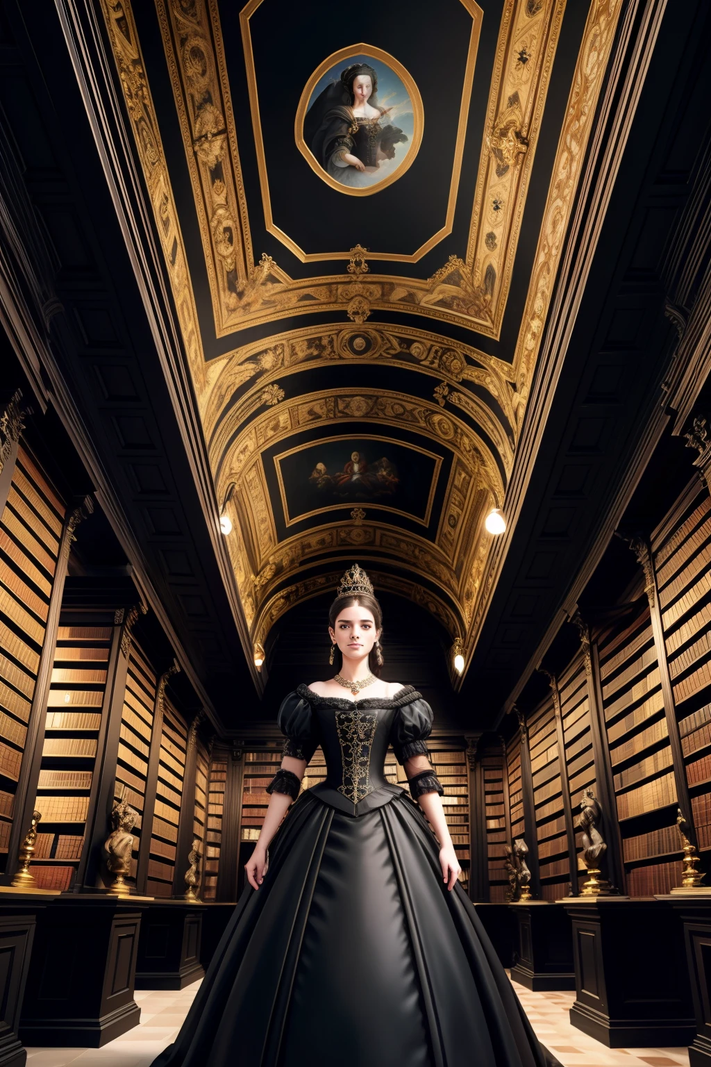 a queen in a black dress in a baroque library with a painted roof, black style, realistic